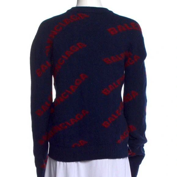 Balenciaga Blue and Red Crew Neck Sweater with Diagonal Stripes